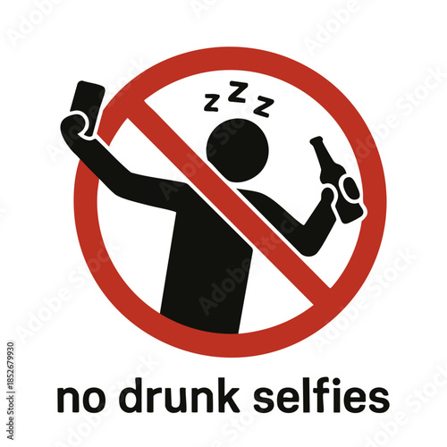 Humorous warning symbol of a stick figure holding a beer and smartphone with no drunk selfies message, crossed by a red circle. Absurd prohibition sign. Generative ai vector colorful illustration.