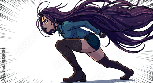 Pixel Art Woman Running Determined Blue Jacket Black Shorts White Background