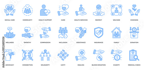 Social Care icon set. Containing care, community, health support, empathy, compassion, solidarity, respect, donation icon. Lineal blue style