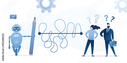 Shortcut on difficult routes, overcome obstacles. AI chatbot makes straight path on winding road. Robot chat bot looking for easiest way to achieve goals and help business people.