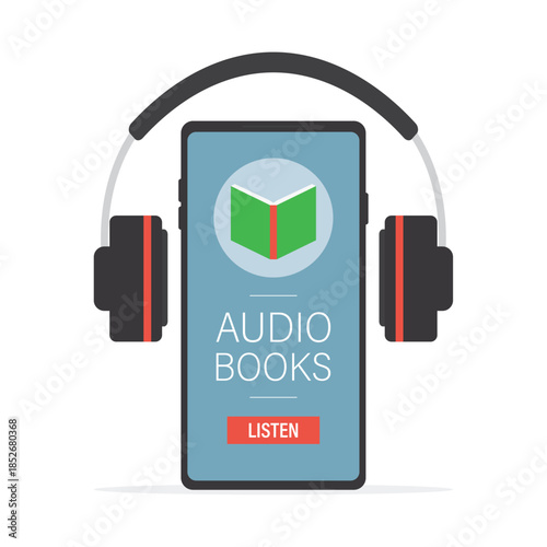 Headphones and modern smartphone with audio book application. Online library app on display. E-reading on cellphone, modern technology. Design isolated on white background.