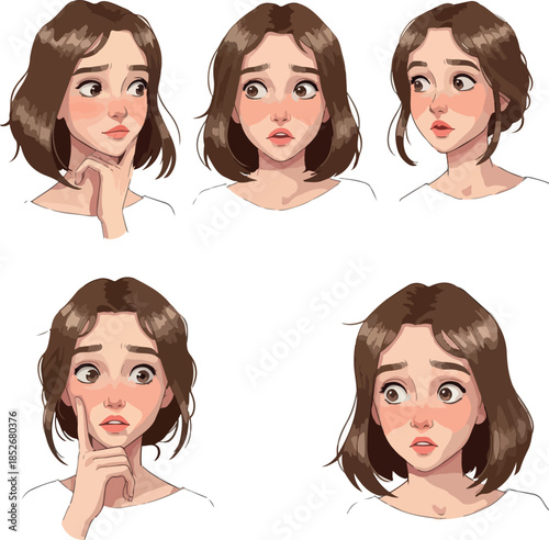 Pixel Art Woman Various Worried Expressions White Top Isolated White