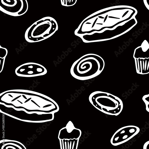 Rustic hand drawn vector seamless bakery pattern with bread illustrations for restaurant branding, kitchen textiles and food packaging.