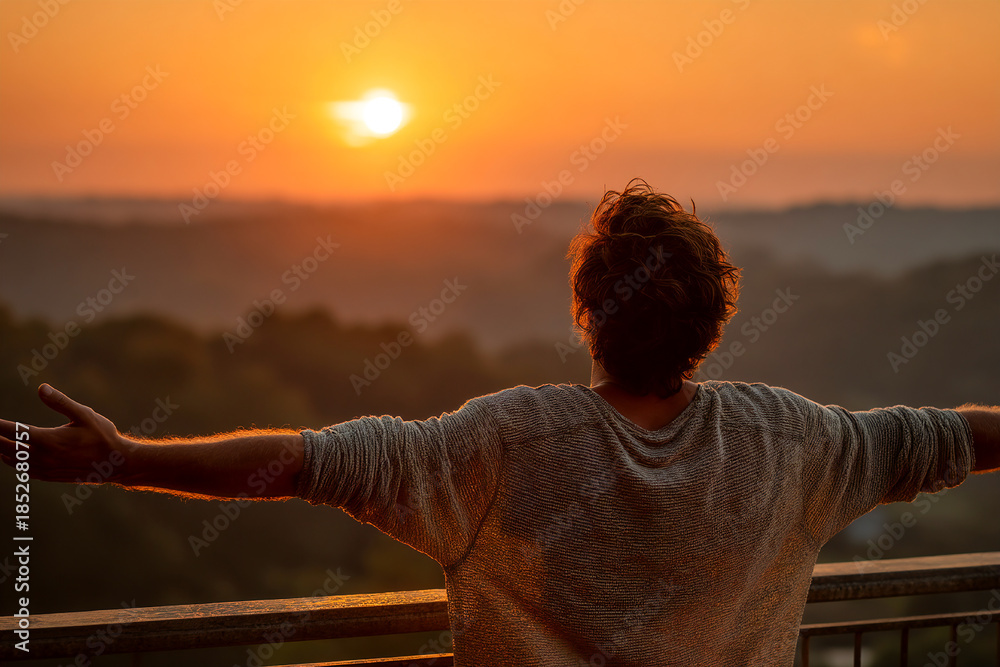 Fototapeta premium Enjoying a moment of peace while stretching arms on a balcony at sunrise Generative AI