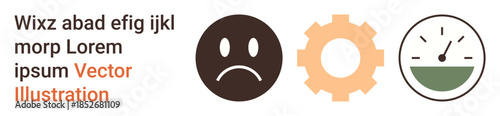 Productivity, emotional state, performance tracking, time management, workflow efficiency, technical processes. Sad face, gear symbol speedometer gauge graphic. Productivity and emotional state