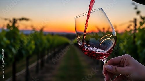 Red wine pouring into glass vineyard.
