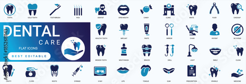 Dental care solid icon set featuring dentist clinic tooth, oral hygiene brush, braces implant, and medical checkup vector symbols
