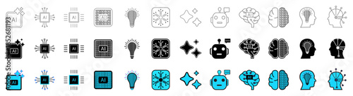 Artificial intelligence icon set- line, silhouette and coloured. AI technology icons includes Machine learning, Neural network, Smart tech, Generative AI, AI brain, chip for Automation and future tech