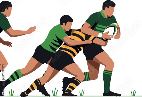 Rugby players in green and yellow uniforms compete intensely on a white background