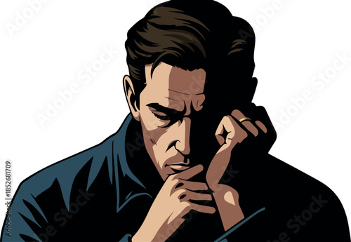 Sad Man Thinking Deeply in Blue Jacket Intense Shadows