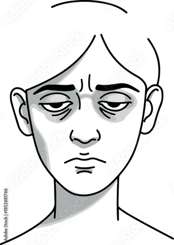 Sad Tired Face Vector Minimal Line Art With Shadow Under Eyes