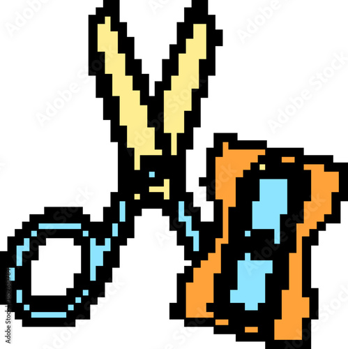 Vibrant pixel art scissors cutting colorful paper