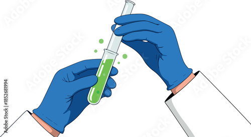 Scientist Hands In Blue Gloves Hold Test Tube With Green Liquid