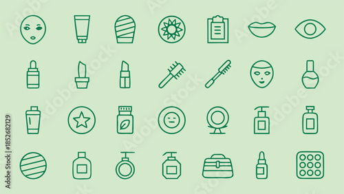 Diverse set of 24 beauty and cosmetic outline icons with clean lines including face, tubes, brushes, and bottles