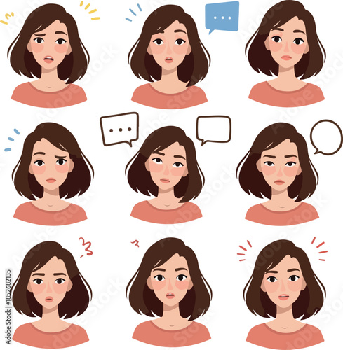 Set Of Pixel Art Woman Emote Expressions And Speech Bubbles Flat Design