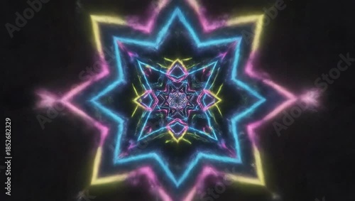 Hypnotic Abstract Starburst Pattern Kaleidoscopic Tunnel Effect With Neon Colors And Glitter Particles