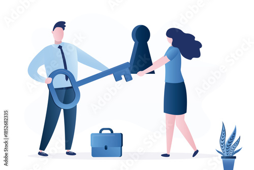 Smart businesswoman and businessman. Two people working together and open new solutions to solve problem. Teamwork and innovation concept. Confident people with key and keyhole