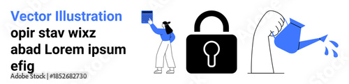 Data security, encryption, personal growth, digital technology, nurturing, and creativity. A lock, a woman with a book and a watering can pouring water. Data security and personal growth
