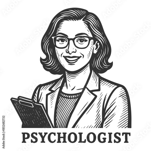female psychologist wearing glasses, smiling, and holding clipboard with PSYCHOLOGIST text below sketch engraving generative ai fictional character vector illustration. Scratch board. Black and white.