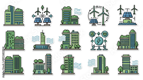 Sustainable Cityscape Eco-Friendly Buildings and Renewable Energy Icons