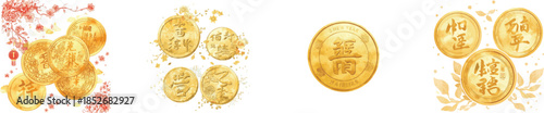 gold Chinese coins set. Watercolor illustration isolated on white background for Spring Festival, Lunar New Year. symbol of luck and wealth. clipart and cut out elements