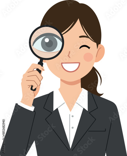 Smiling Woman Investigator in Black Suit Magnifying Eye with Loupe on White Background