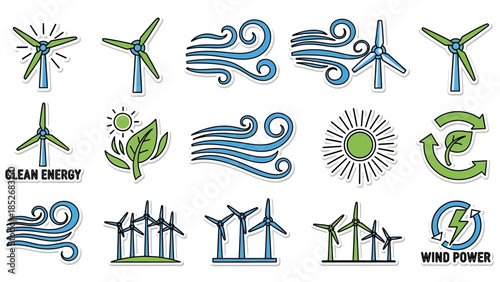 Wind Turbine and Renewable Energy Icons Sustainable Power and Environmental Protection