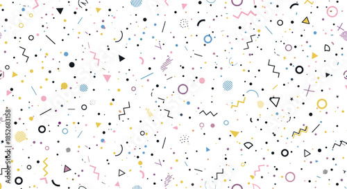 Modern memphis style seamless pattern with a variety of colorful geometric shapes lines and dots on a clean white background.
