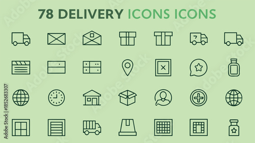 78 delivery icons collection featuring trucks envelopes boxes globe clock person and medical cross for shipping services courier and logistics