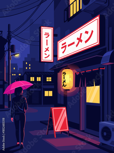 A solitary figure with a pink umbrella walks down a dimly lit alleyway adorned with neon signs at night, evoking a sense of urban mystery