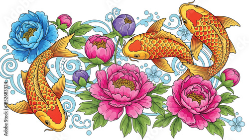 lucky koi fish and Chinese New Year peony flowers