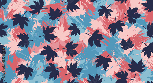 Autumnal seamless pattern featuring dark navy and pink maple leaves over a background of colorful textured artistic brush strokes.