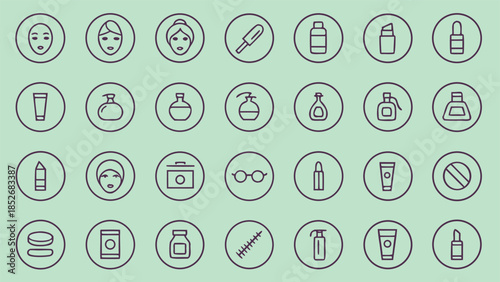 Extensive collection of 30 beauty and cosmetic icons covering a wide range of products from lipstick to face cream