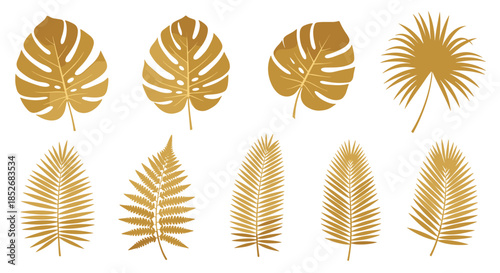 Selection of ten golden tropical leaf silhouettes including palm monstera and fern leaves isolated on a plain white background.