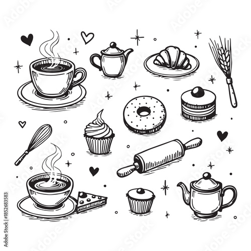 A delightful arrangement of coffee pastries and baking tools in monochrome