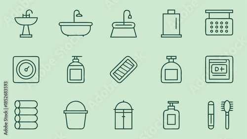 Assortment of vector line icons for bathroom, hygiene, and laundry needs, featuring editable strokes for professional use