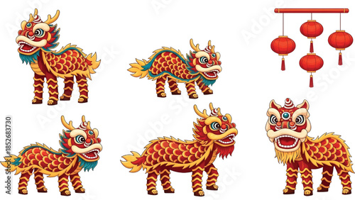 decorative Chinese New Year dragon and lion dance vector