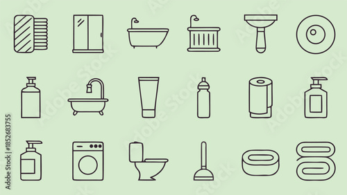 Collection of 18 essential bathroom and hygiene icons including bath brush, shower cabin, bathtub, and toilet plunger