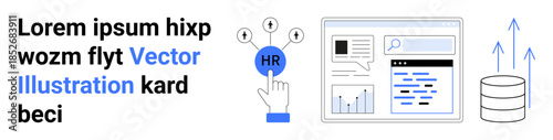Human resources, data visualization, networking, digital workflow, team management, analytics. Hand pointing to HR icon, charts database and data flow arrows. Human resources and data visualization