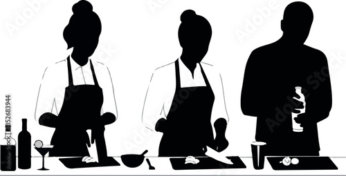 Three Chefs In Black Silhouette Preparing Food And Drinks In A Kitchen