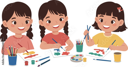 Three Diverse Girls Painting Together On White Background Flat Design