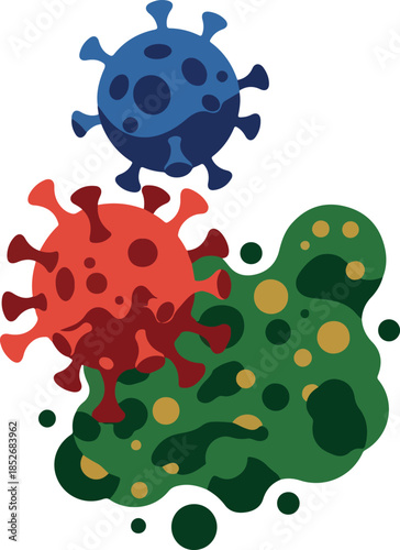 Three Covid Virus Corona Microbe Shapes Blue Red Green White Background