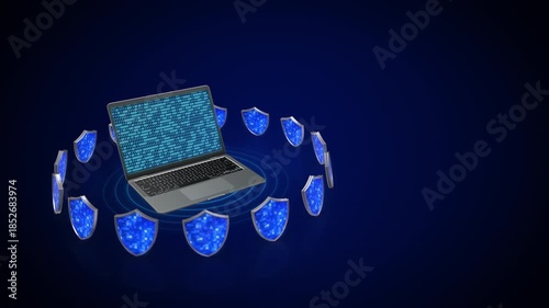 Laptop with Digital Security Shields and Binary Code for Cyber Protection Background with Copy Space