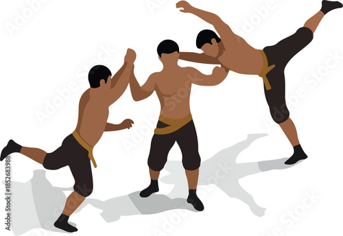Three Men Grappling in a Dynamic Wrestling Match Brown and Gold Outfits