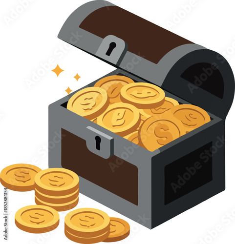 Treasure Chest Overflowing With Gold Coins Isolated On White Background