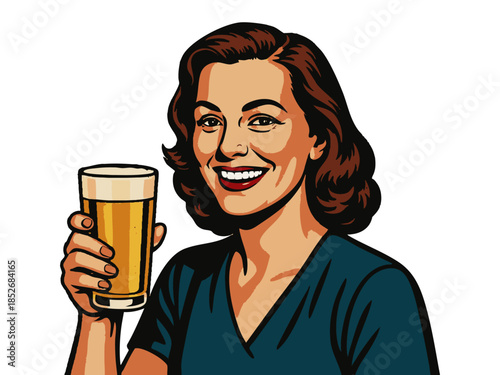 cheerful woman raising a glass of beer, evoking vintage advertising and social drinking themes. Generative ai vector colorful pop art illustration.