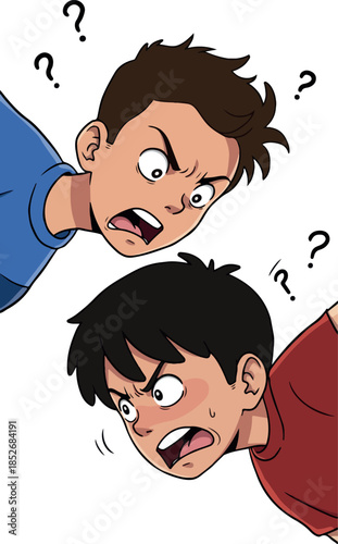 Two Boys Confused and Angry Pixel Art Faces Question Marks Isolated Vector
