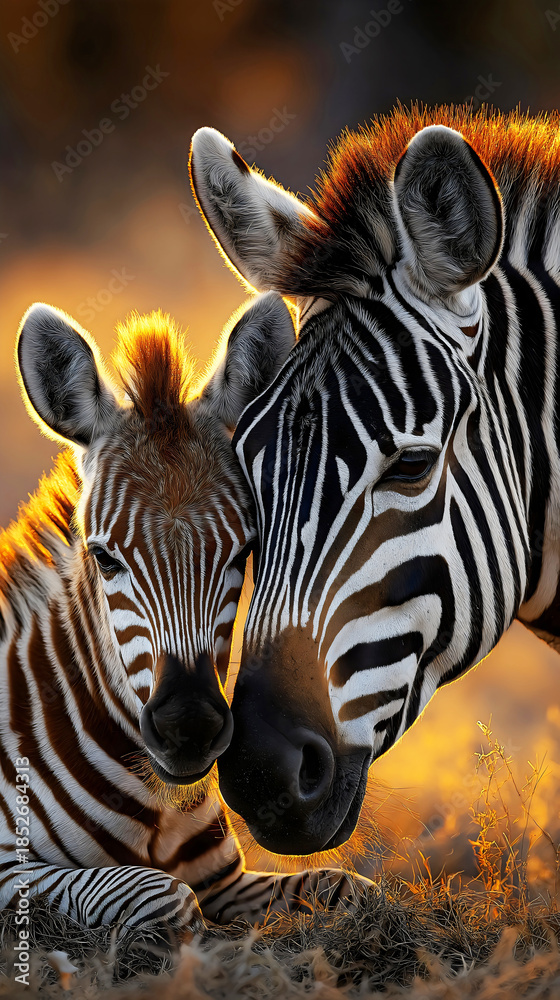 Obraz premium Baby zebra foal and its mother standing together in a tender moment in the wild during sunset golden hour lighting.