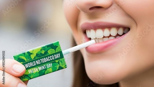 Woman holding No Tobacco Day sugarfree mint stick.