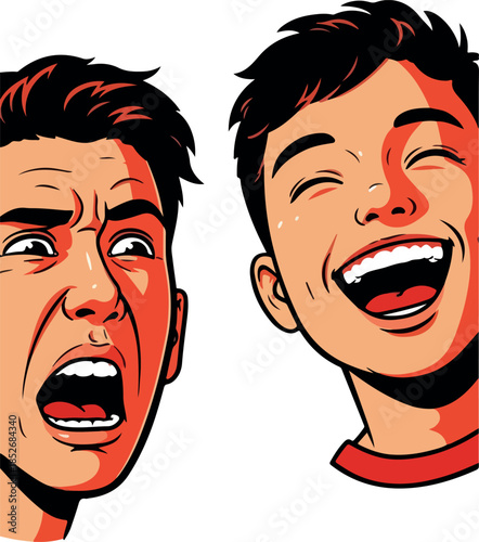 Two Boys Faces Expressions Comic Style Vector Illustration Close Up